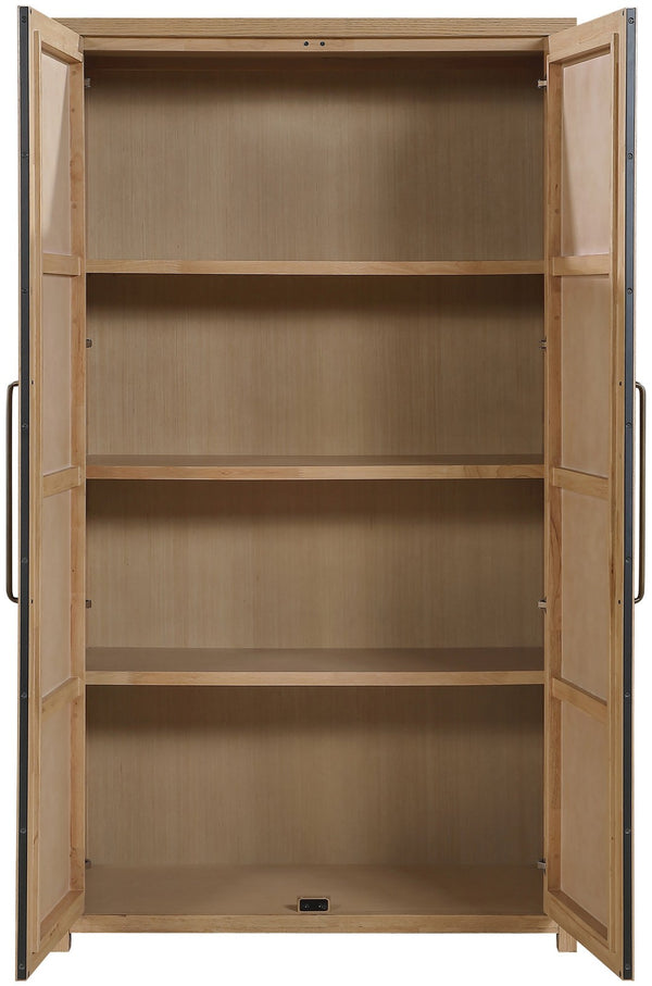 Meridian Furniture Vana Art Deco Tall Cabinet with Cane Front Doors Oak Veneer and Adjustable Interior Shelves Natural 77050Natural
