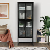 English Elm Stylish 4-Door Tempered Glass Cabinet With 4 Glass Doors Adjustable Shelves U-Shaped Leg Anti-Tip Dust-Free Fluted Glass Kitchen Credenza Black