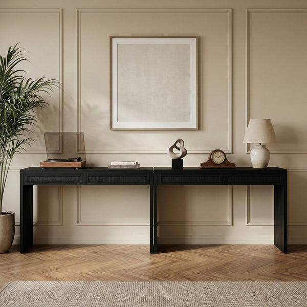 Meridian Furniture Avro Art Deco Two Piece Writing Desk Solid Wood Oak Veneer Cane Panel Home Office 77051Black-T-2PC