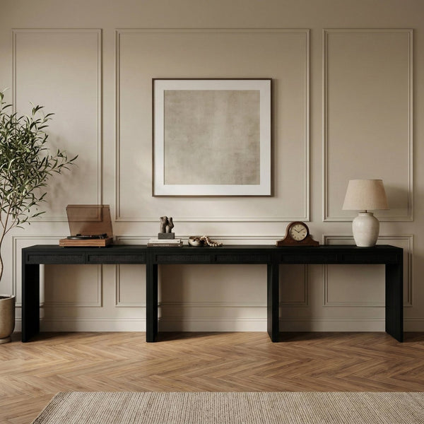 Meridian Furniture Avro Art Deco Three Piece Desk Set Oak Veneer Cane Detail Black Lacquer Finish 77051Black-T-3PC