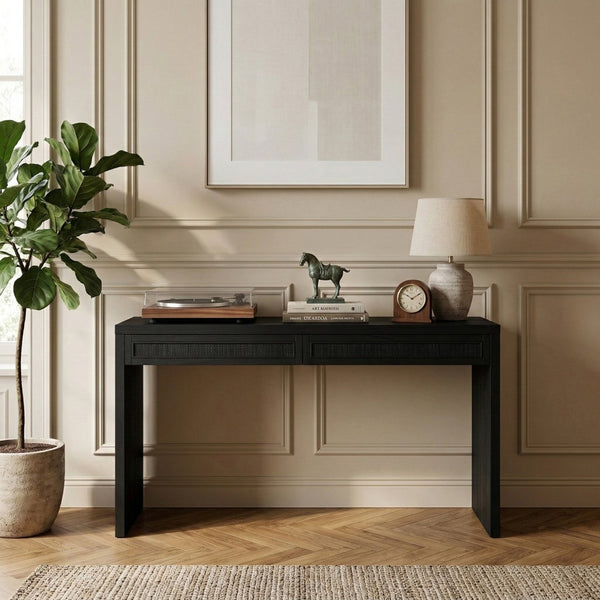 Meridian Furniture Avro Art Deco Writing Desk with Oak Veneer Surface and Black Cane Detailing 77051Black-T