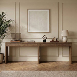 Meridian Furniture Avro Art Deco Oak Veneer Writing Desk with Cane Detailing for Home Office 77051Brown-T-2PC