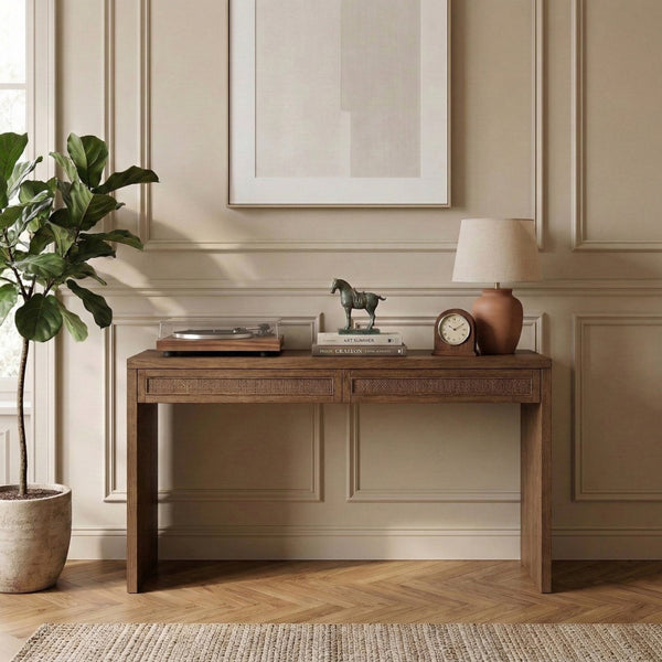 Meridian Furniture Avro Oak Veneer Writing Desk with Cane Panels and Art Deco Walnut Finish 77051Brown-T