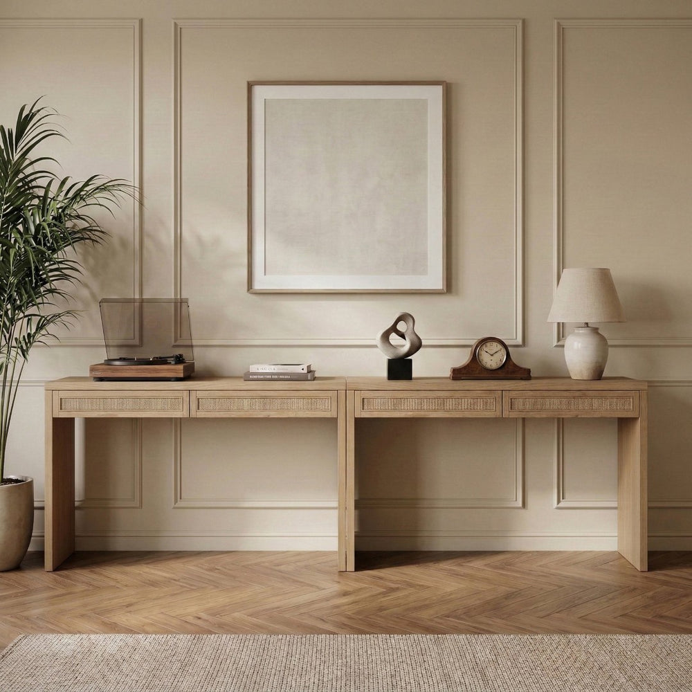 Meridian Furniture Avro Oak Veneer Cane Detail Two Piece Desk for Modern Home Office Workspaces 77051Natural-T-2PC