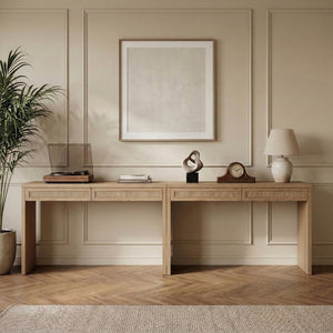 Meridian Furniture Avro Oak Veneer Cane Detail Two Piece Desk for Modern Home Office Workspaces 77051Natural-T-2PC