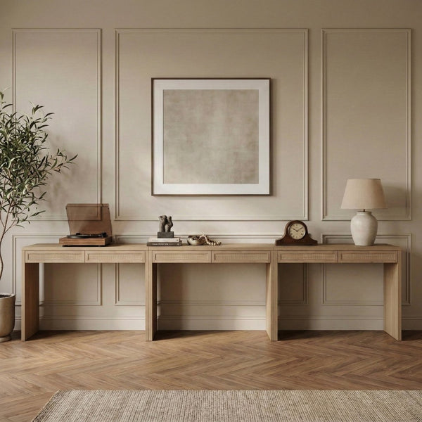 Meridian Furniture Avro Art Deco Three Piece Oak Veneer Desk Set with Natural Cane Panel Detailing 77051Natural-T-3PC