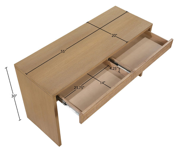 Meridian Furniture Avro Art Deco Oak Veneer Writing Desk with Woven Cane Accents for Home Office 77051Natural-T