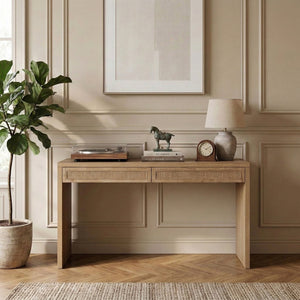 Meridian Furniture Avro Art Deco Oak Veneer Writing Desk with Woven Cane Accents for Home Office 77051Natural-T