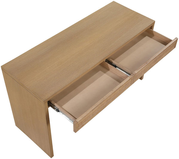 Meridian Furniture Avro Art Deco Oak Veneer Writing Desk with Woven Cane Accents for Home Office 77051Natural-T
