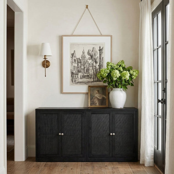 Meridian Furniture Vero Art Deco Oak Veneer Buffet with Cane Panels Modular Sideboard for Dining Room Black 2pc (63" W) 77052Black-T-2PC