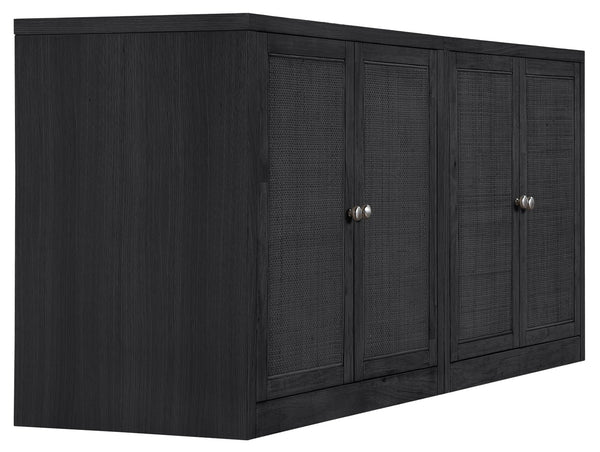 Meridian Furniture Vero Art Deco Oak Veneer Buffet with Cane Panels Modular Sideboard for Dining Room Black 2pc (63" W) 77052Black-T-2PC