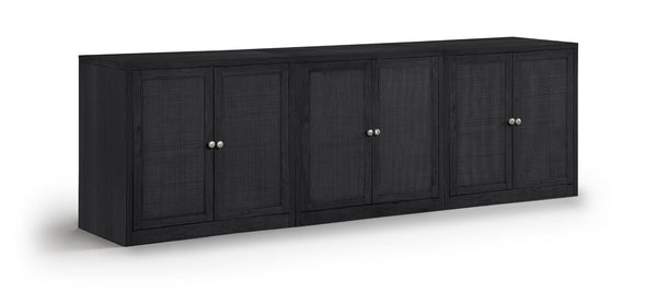 Meridian Furniture Vero Art Deco Oak Veneer Buffet with Cane Panels Modular Sideboard for Dining Room Black 3pc (94.5" W) 77052Black-T-3PC