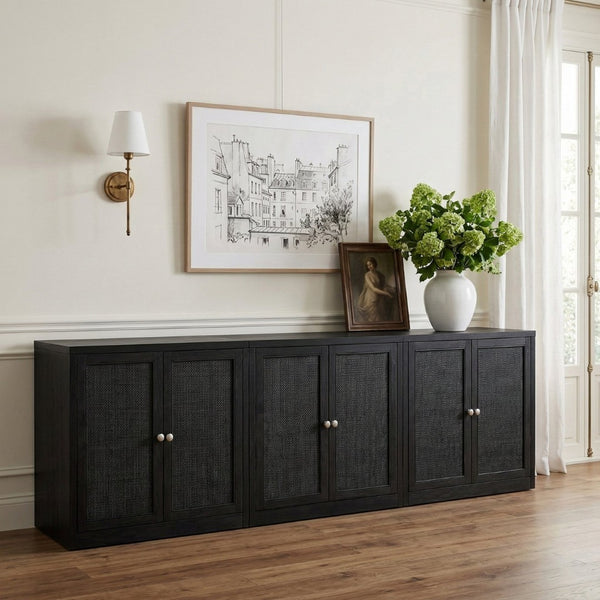 Meridian Furniture Vero Art Deco Oak Veneer Buffet with Cane Panels Modular Sideboard for Dining Room Black 3pc (94.5" W) 77052Black-T-3PC