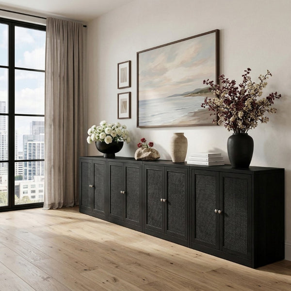 Meridian Furniture Vero Art Deco Oak Veneer Buffet with Cane Panels Modular Sideboard for Dining Room Black 4pc (126" W) 77052Black-T-4PC