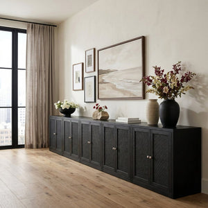 Meridian Furniture Vero Art Deco Oak Veneer Buffet with Cane Panels Modular Sideboard for Dining Room Black 5pc (157.5" W) 77052Black-T-5PC