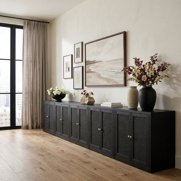Meridian Furniture Vero Art Deco Oak Veneer Buffet with Cane Panels Modular Sideboard for Dining Room Black 5pc (157.5" W) 77052Black-T-5PC