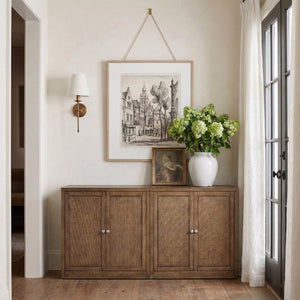 Meridian Furniture Vero Art Deco Oak Veneer Buffet with Cane Panels Modular Sideboard for Dining Room Brown 2pc (63" W) 77052Brown-T-2PC
