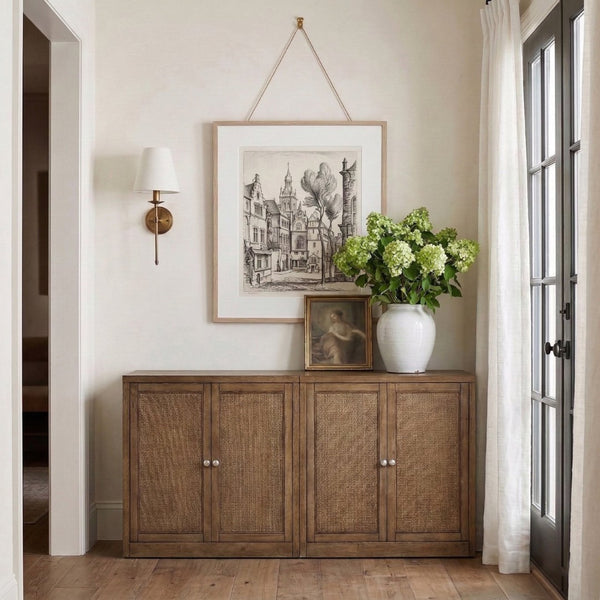 Meridian Furniture Vero Art Deco Oak Veneer Buffet with Cane Panels Modular Sideboard for Dining Room Brown 2pc (63" W) 77052Brown-T-2PC