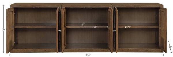 Meridian Furniture Vero Art Deco Oak Veneer Buffet with Cane Panels Modular Sideboard for Dining Room Brown 3pc (94.5" W) 77052Brown-T-3PC