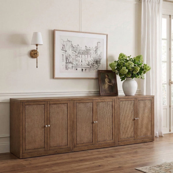 Meridian Furniture Vero Art Deco Oak Veneer Buffet with Cane Panels Modular Sideboard for Dining Room Brown 3pc (94.5" W) 77052Brown-T-3PC