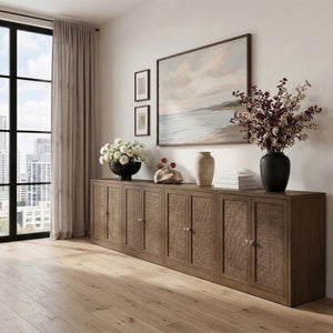 Meridian Furniture Vero Art Deco Oak Veneer Buffet with Cane Panels Modular Sideboard for Dining Room Brown 4pc (126" W) 77052Brown-T-4PC