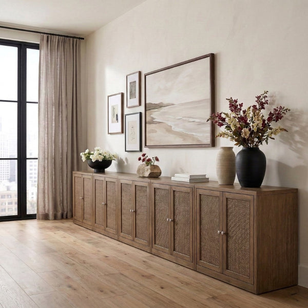 Meridian Furniture Vero Art Deco Oak Veneer Buffet with Cane Panels Modular Sideboard for Dining Room Brown 5pc (157.5" W) 77052Brown-T-5PC