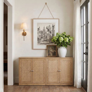 Meridian Furniture Vero Art Deco Oak Veneer Buffet with Cane Panels Modular Sideboard for Dining Room Natural 2pc (63" W) 77052Natural-T-2PC
