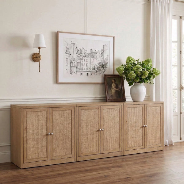 Meridian Furniture Vero Art Deco Oak Veneer Buffet with Cane Panels Modular Sideboard for Dining Room Natural 3pc (94.5" W) 77052Natural-T-3PC