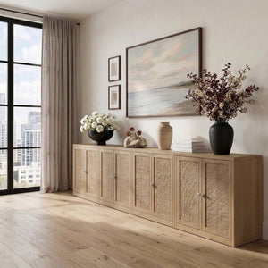 Meridian Furniture Vero Art Deco Oak Veneer Buffet with Cane Panels Modular Sideboard for Dining Room Natural 4pc (126" W) 77052Natural-T-4PC