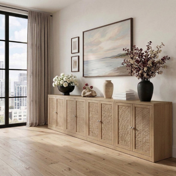 Meridian Furniture Vero Art Deco Oak Veneer Buffet with Cane Panels Modular Sideboard for Dining Room Natural 4pc (126" W) 77052Natural-T-4PC