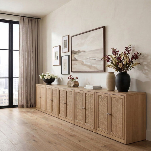 Meridian Furniture Vero Art Deco Oak Veneer Buffet with Cane Panels Modular Sideboard for Dining Room Natural 5pc (157.5" W) 77052Natural-T-5PC
