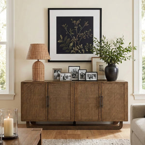 Meridian Furniture Sova Art Deco Buffet Sideboard with Oak Veneer Frame and Cane Door Panels for Dining Rooms Brown 77053Brown