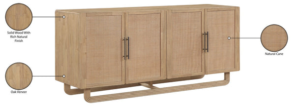 Meridian Furniture Sova Art Deco Buffet Sideboard with Oak Veneer Frame and Cane Door Panels for Dining Rooms Natural 77053Natural