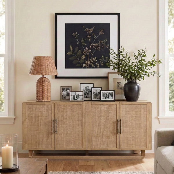 Meridian Furniture Sova Art Deco Buffet Sideboard with Oak Veneer Frame and Cane Door Panels for Dining Rooms Natural 77053Natural