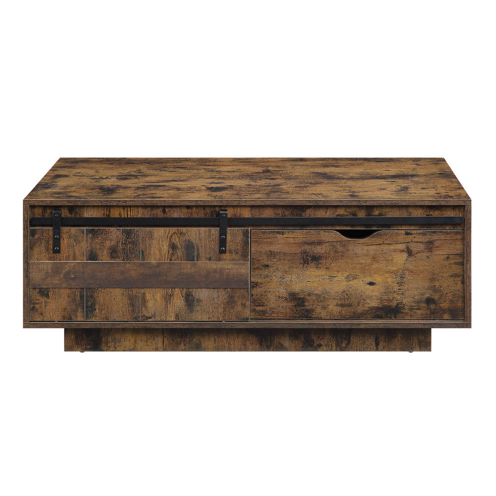 English Elm Bellarosa Rustic Oak Coffee Table with Sliding Barn Door, Drawer Storage, Durable MDF & Metal Build B2726P268333