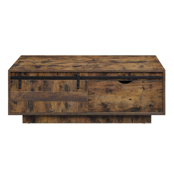 English Elm Bellarosa Rustic Oak Coffee Table with Sliding Barn Door, Drawer Storage, Durable MDF & Metal Build B2726P268333