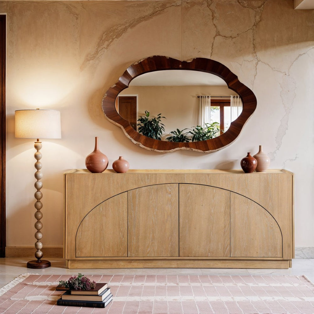 Meridian Furniture Everson Solid Oak Veneer Sideboard Mid-century Curved Low-profile Buffet for Dining Rooms Natural 77054Natural