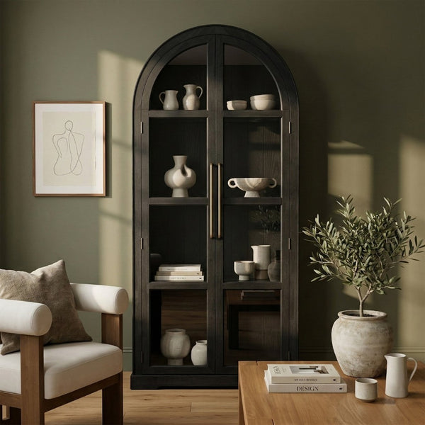Meridian Furniture Corva Arched Glass Door Display Cabinet Art Deco Storage with Adjustable Shelves Living Room Black 77055Black