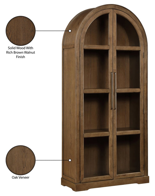 Meridian Furniture Corva Arched Glass Door Display Cabinet Art Deco Storage with Adjustable Shelves Living Room Brown 77055Brown