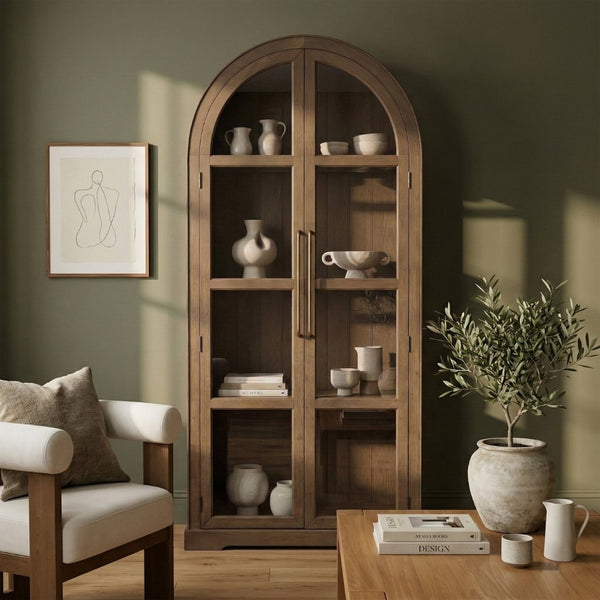 Meridian Furniture Corva Arched Glass Door Display Cabinet Art Deco Storage with Adjustable Shelves Living Room Brown 77055Brown