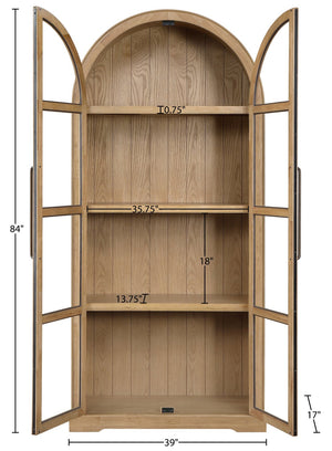 Meridian Furniture Corva Arched Glass Door Display Cabinet Art Deco Storage with Adjustable Shelves Living Room Natural 77055Natural