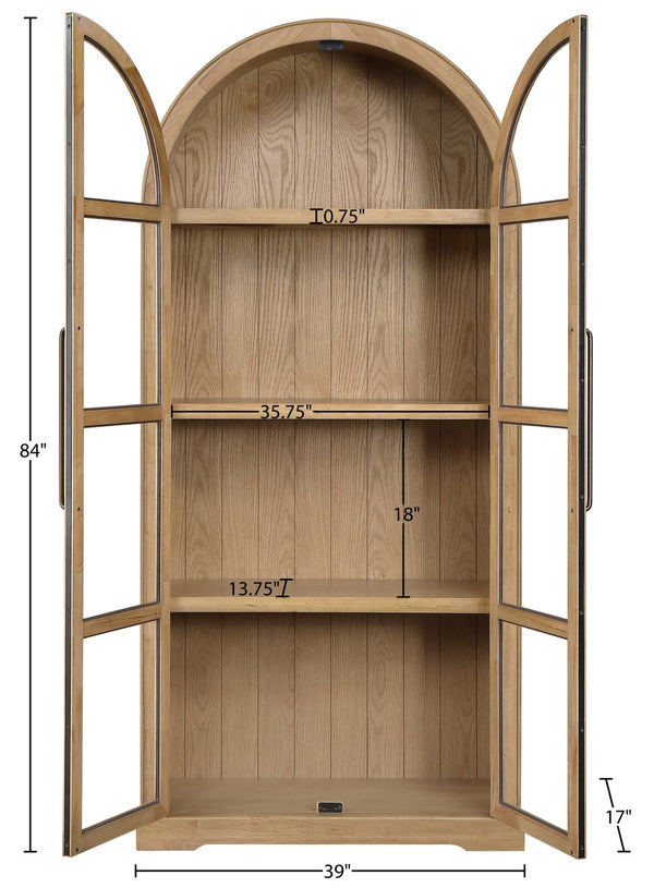 Meridian Furniture Corva Arched Glass Door Display Cabinet Art Deco Storage with Adjustable Shelves Living Room Natural 77055Natural