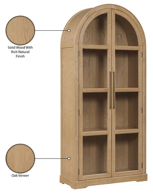 Meridian Furniture Corva Arched Glass Door Display Cabinet Art Deco Storage with Adjustable Shelves Living Room Natural 77055Natural