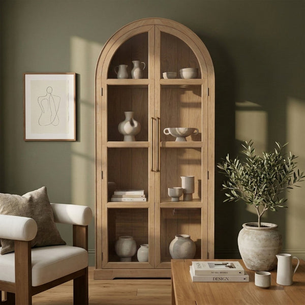 Meridian Furniture Corva Arched Glass Door Display Cabinet Art Deco Storage with Adjustable Shelves Living Room Natural 77055Natural