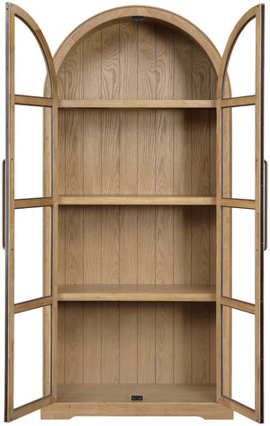 Meridian Furniture Corva Arched Glass Door Display Cabinet Art Deco Storage with Adjustable Shelves Living Room Natural 77055Natural