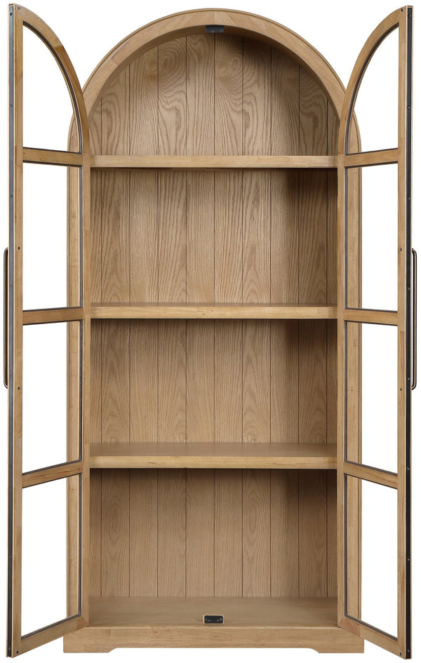 Meridian Furniture Corva Arched Glass Door Display Cabinet Art Deco Storage with Adjustable Shelves Living Room Natural 77055Natural