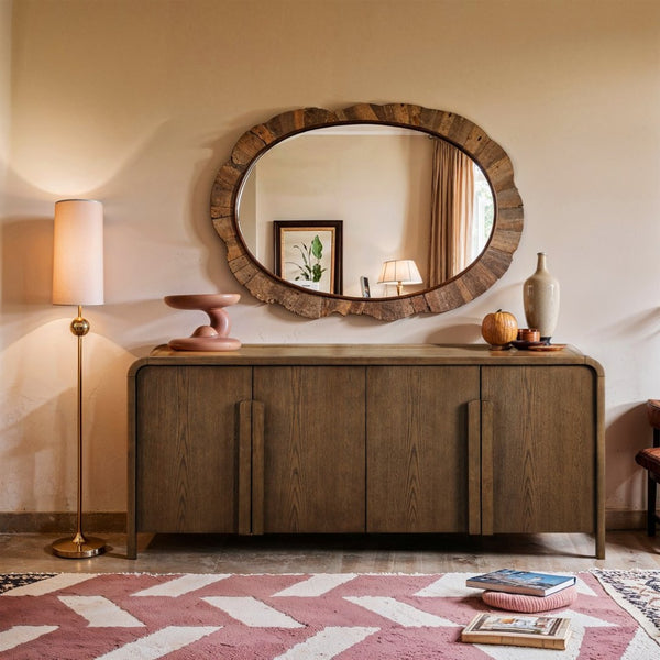 Meridian Furniture Harmony Solid Oak Veneer Sideboard with Sculptural Pulls for Mid-century Dining Room Storage Brown 77057Brown
