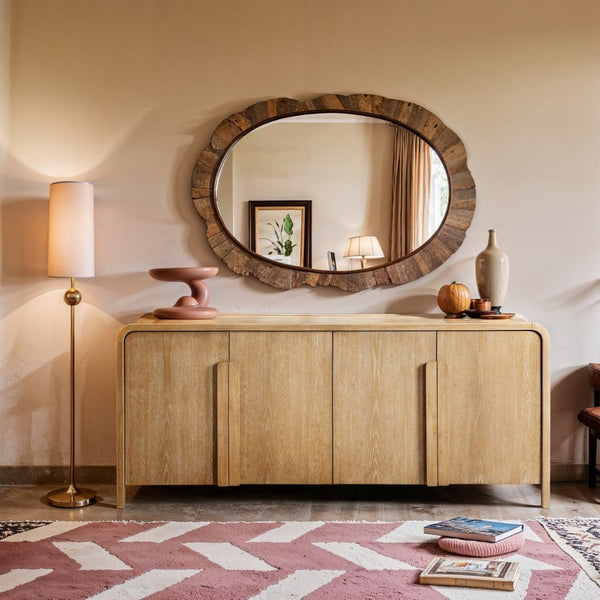 Meridian Furniture Harmony Solid Oak Veneer Sideboard with Sculptural Pulls for Mid-century Dining Room Storage Natural 77057Natural