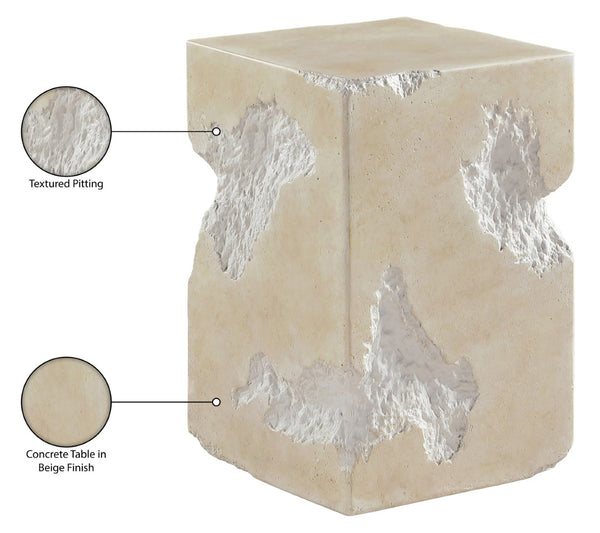 Meridian Furniture Naturae Concrete Art Deco Side Table Sculptural Textured Design for Indoor Outdoor Use 12" W x 12" D x 18.5" H 77059Beige-ET