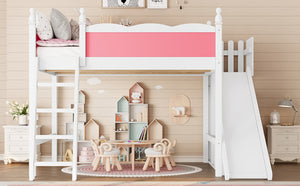 English Elm Queen Loft Bed With Fun Slide, Storage Shelves, Solid Wood Construction, Pink & White Finish, Easy Assemble W1580S00248-GIGA